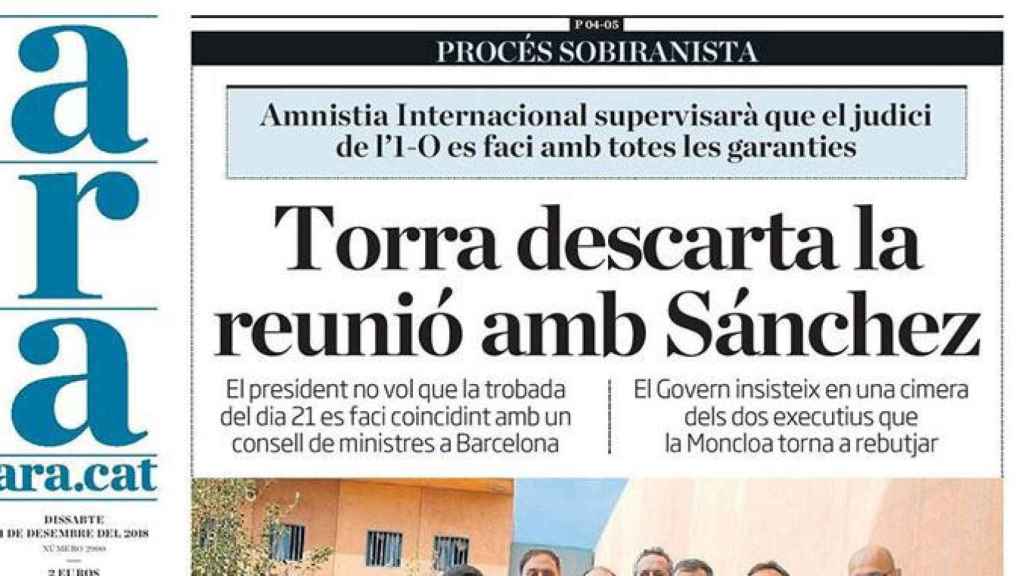 Portada de la edición impresa del diario 'Ara'