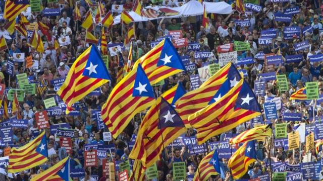 Esteladas en la manifestación contra el terrorismo en Barcelona / EFE