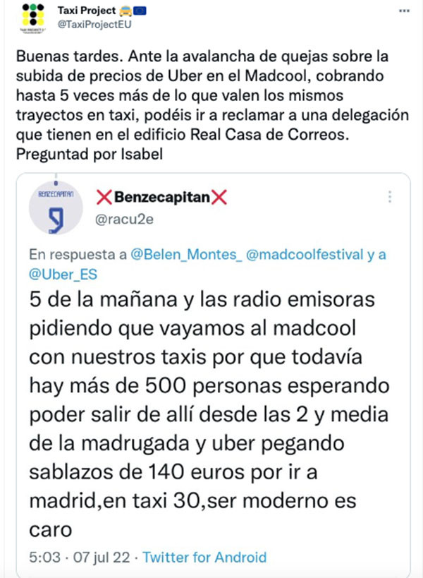 Taxistas critican la actuación de Uber en el Mad Cool / TWITTER