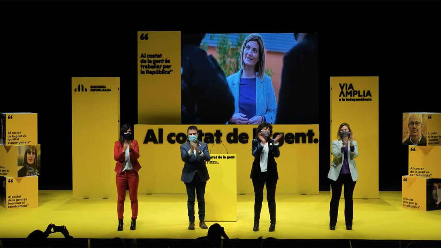 Marta Vilalta, Pere Aragonès, Teresa Jordà y Raquel Sans (de izquierda a derecha) en el primer acto de campaña de ERC