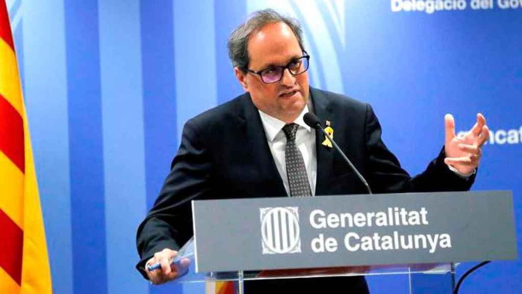 Quim Torra durante su comparecencia ante los medios de comunicación en la librería Blanquerna de Madrid / EFE