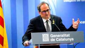 Quim Torra durante su comparecencia ante los medios de comunicación en la librería Blanquerna de Madrid / EFE