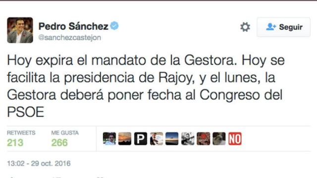 Imagen de uno de los mensajes de Twitter emitidos por la cuenta de Pedro Sánchez / CG