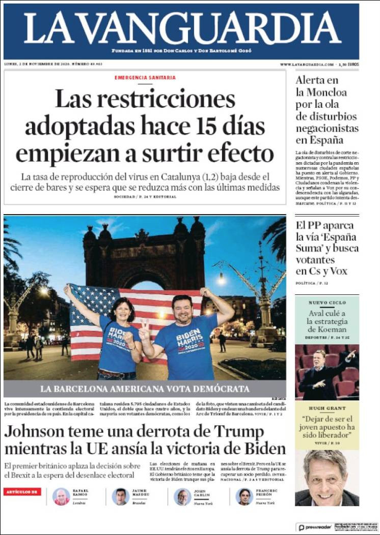 Portada de 'La Vanguardia' del 2 de noviembre de 2020 / KISOKO.NET