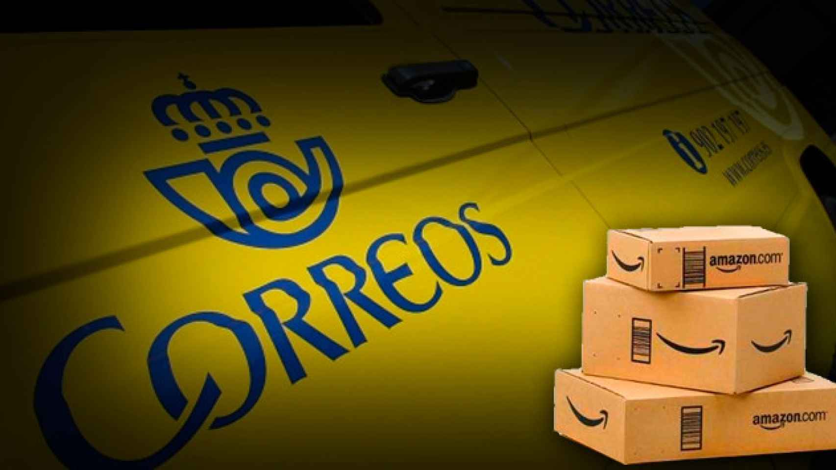 Un furgón de Correos y unos paquetes de Amazon / FOTOMONTAJE CG