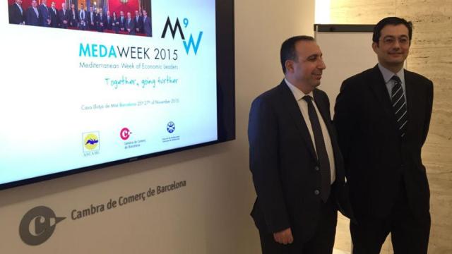 El coordinador de Ascame, Anwar Zibaoui (izquierda), y el vicegerente de la Cambra de Comerç de Barcelona, Jaume Fradera (derecha), en la presentación de la Meda Week