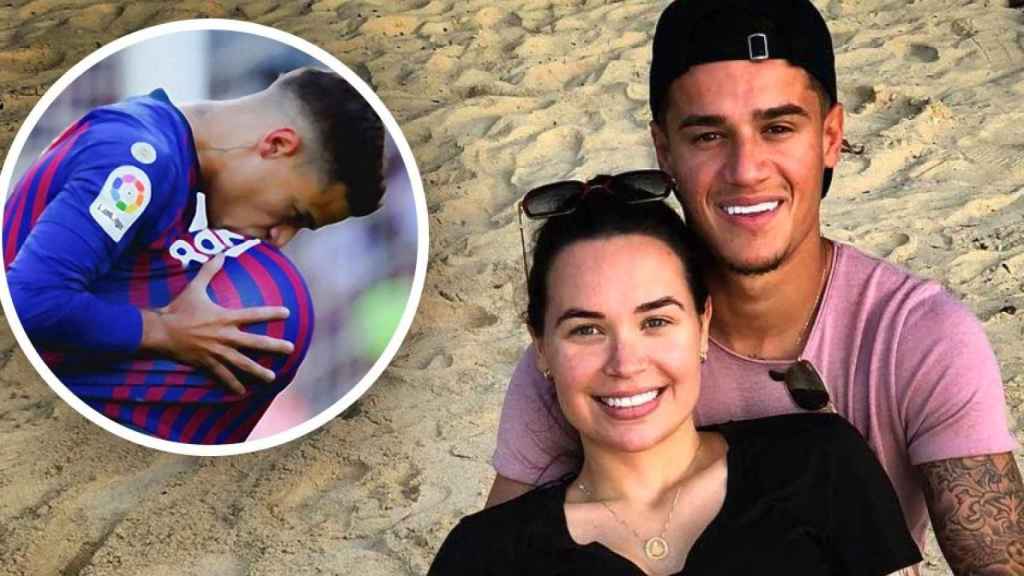 Philippe Coutinho con su mujer, Aine, y la dedicatoria del futbolista a su futuro hijo / FOTOMONTAJE DE CULEMANÍA