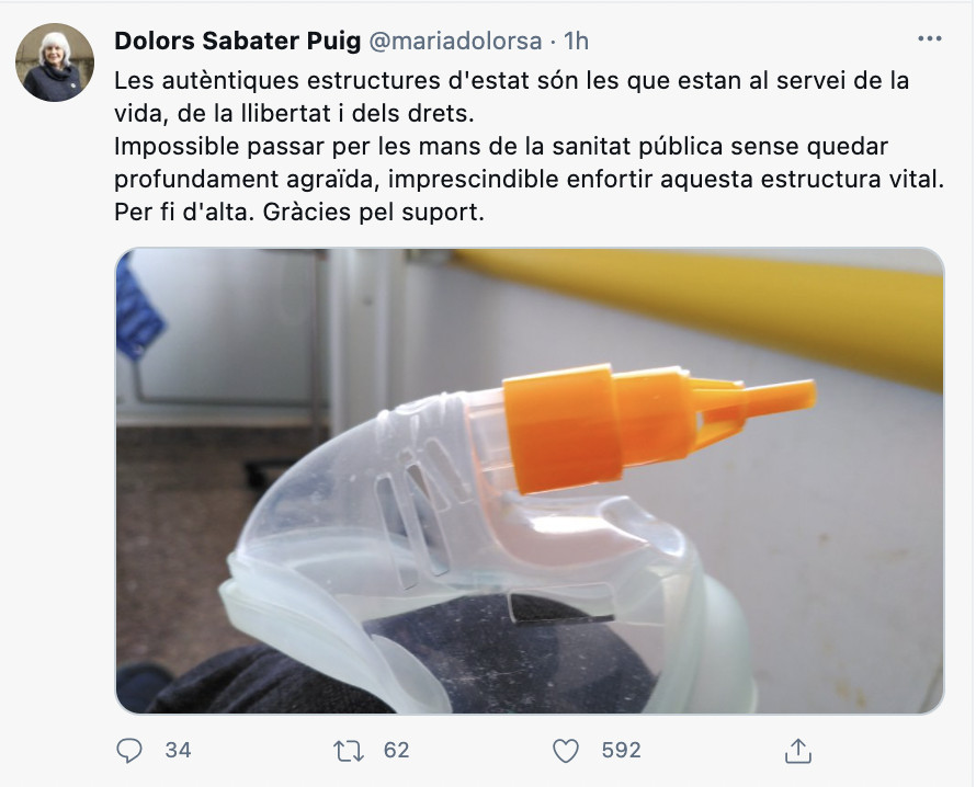 Tuit de Dolors Sabater tras recibir el alta / TWITTER