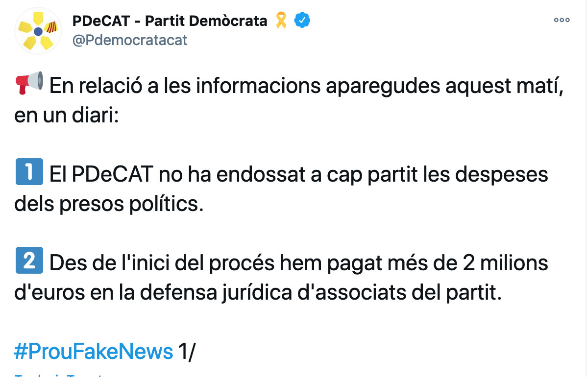 El PDECat niega haber endosado a ningún partido los gastos de los presos del 1-O / TWITTER