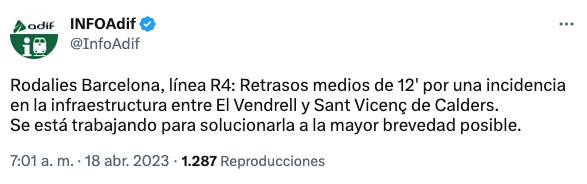 Adif informa sobre el incidente técnico en su cuenta de Twitter / TWITTER