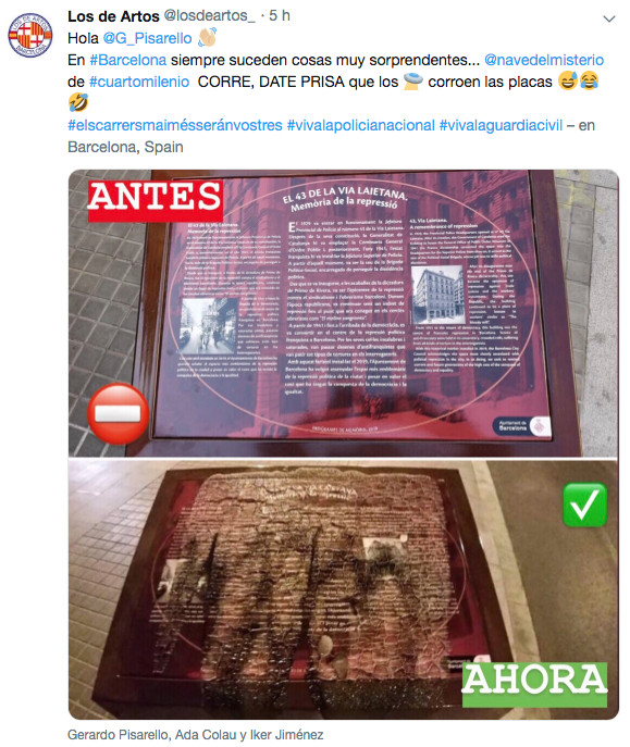 Tuit con el ataque a la placa frente a la Policía Nacional en Barcelona / TWITTER