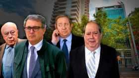 Jordi Pujol padre e hijo, Javier de la Rosa y Lluís Prenafeta ante el edificio de Diagonal 525 / FOTOMONTAJE DE CG