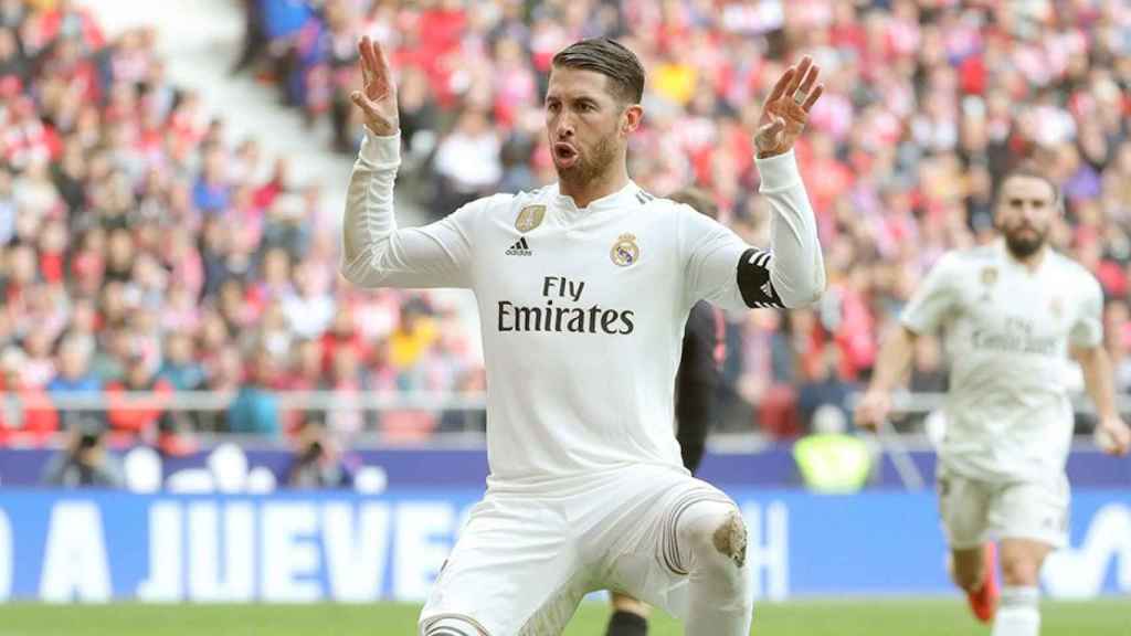 Sergio Ramos celebrando su gol en el Wanda Metropolitano / EFE