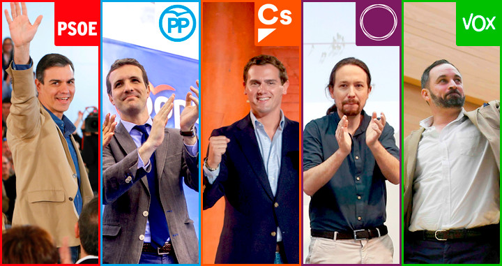 Los candidatos de PSOE, PP, Cs, Podemos y Vox a las elecciones generales 2019. Santiago Abascal, quedará fuera de los debates por decisión de la Junta Electoral / CG