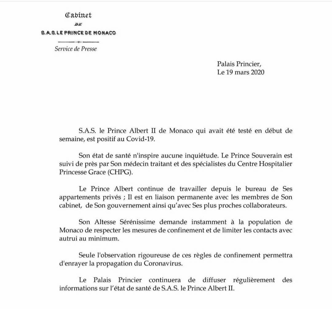 Comunicado de la Casa Grimaldi sobre el contagio de Alberto de Mónaco / TWITTER