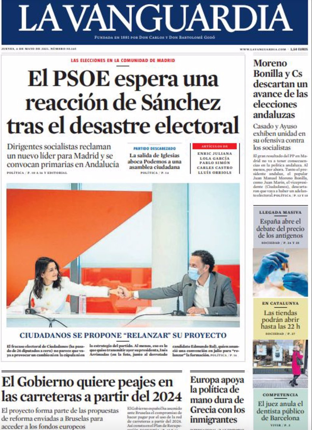 Portada de 'La Vanguardia' del 6 de mayo de 2021 / LA VANGUARDIA