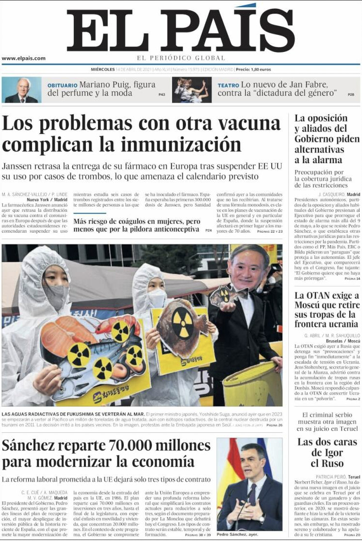 Portada de 'El País' del 14 de abril de 2021 / EL PAÍS