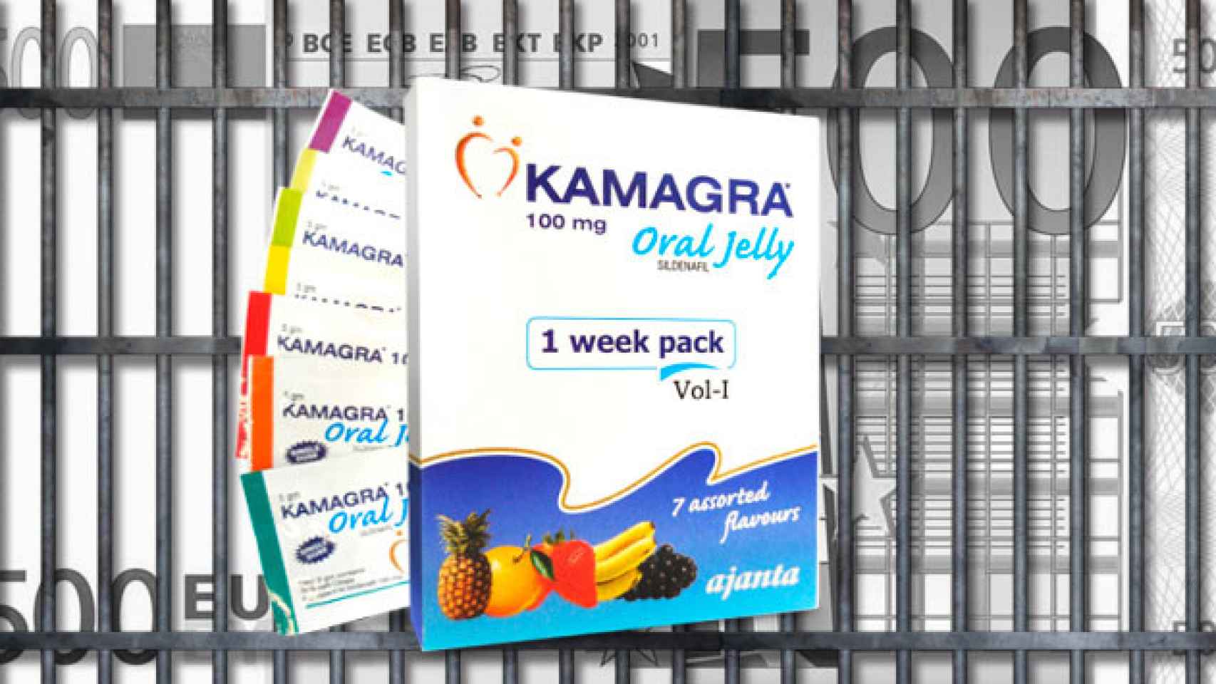 Caja de Kamagra, los barrotes de una celda y quinientos euros / FOTOMONTAJE DE CG