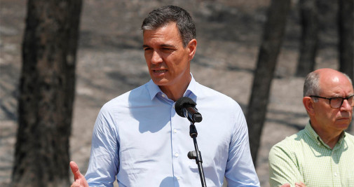 El presidente del Gobierno, Pedro Sánchez, realiza declaraciones a la prensa durante su visita este miércoles, a la zona afectada por el incendio declarado el lunes en Ateca (Zaragoza) - EFE/ Javier Cebollada