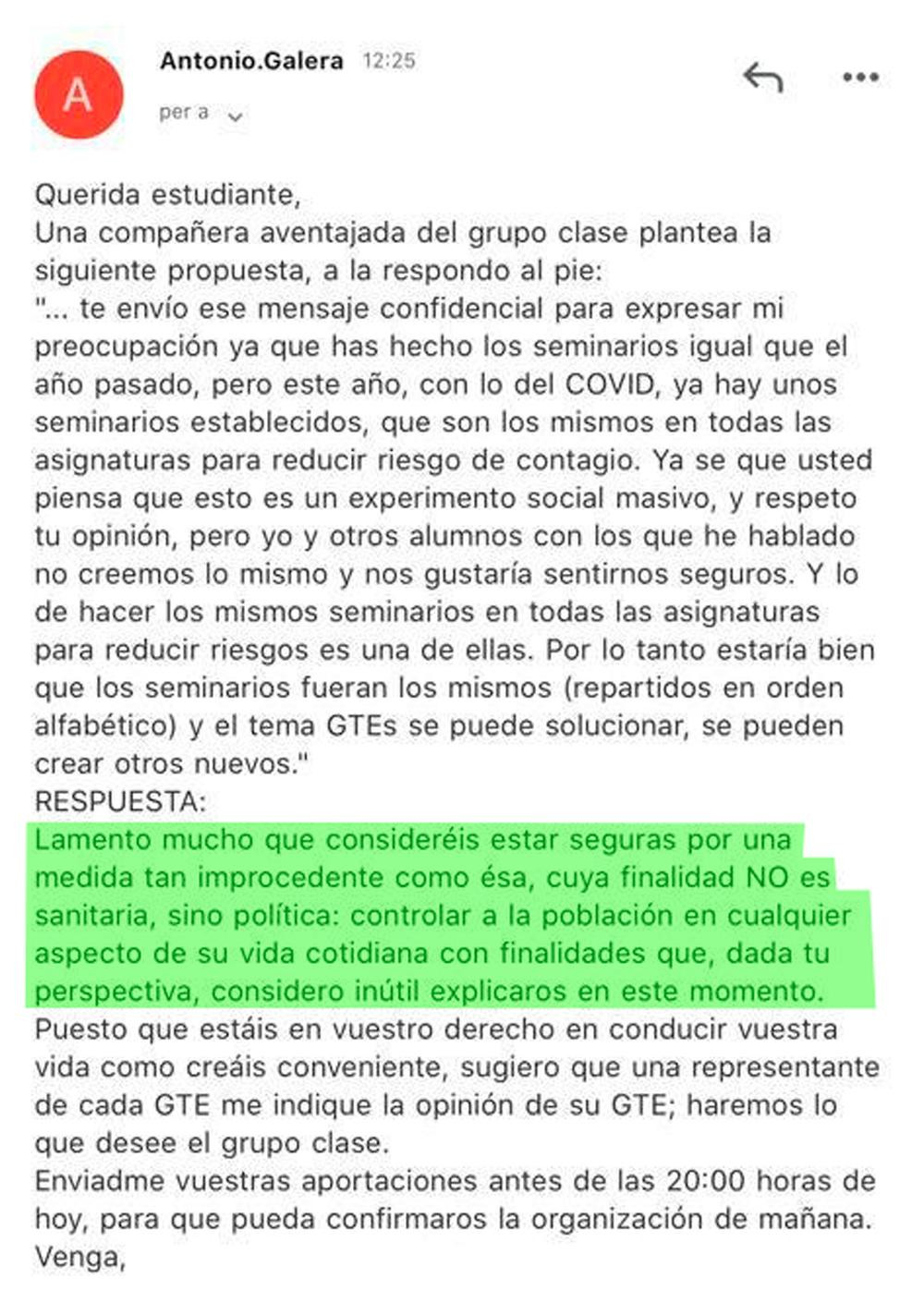 Uno de los correos de Antonio Galera, el profesor antimascarillas y negacionista de la UAB / CG