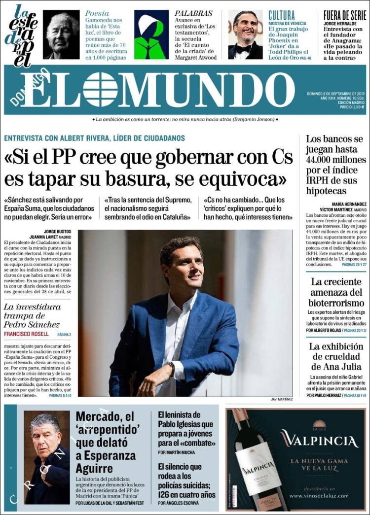 Portada de 'El Mundo' del domingo 8 de septiembre