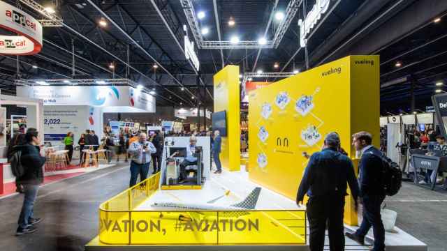 Stand de Vueling en el Mobile World Congress de Barcelona, donde la aerolínea ha presentado este proyecto en el marco del 4YFN / VUELING