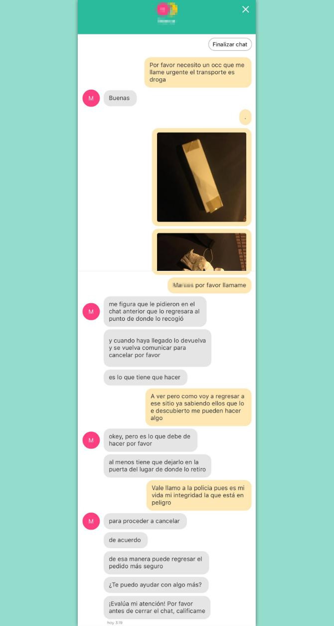 Conversación entre Glovo y un repartidor que halló cocaína en su pedido / CG