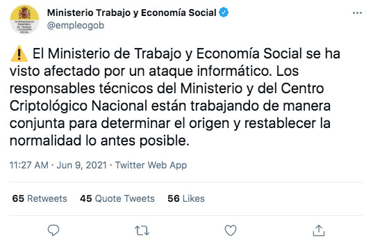 El Ministerio de Trabajo advierte de que ha sido 'hackeado' / TWITTER