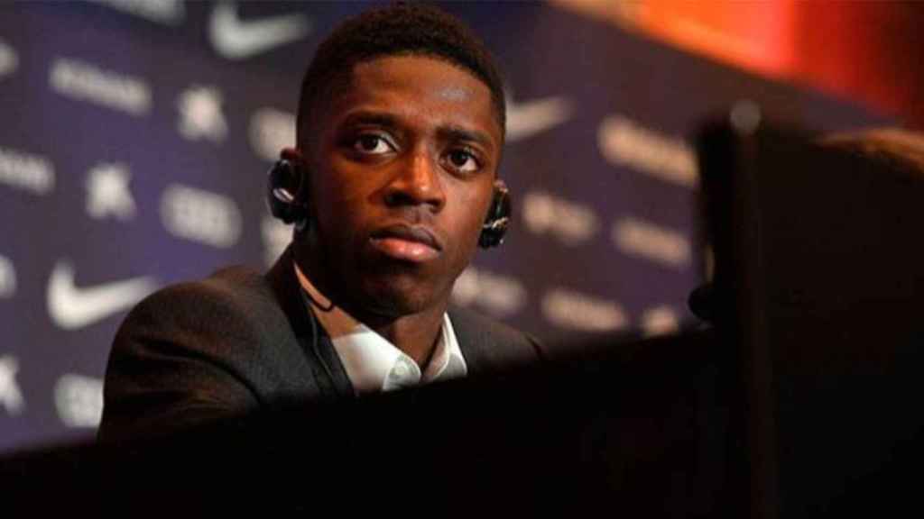 Ousmane Dembelé en su primera, y posiblemente única, rueda de prensa como jugador del Barça