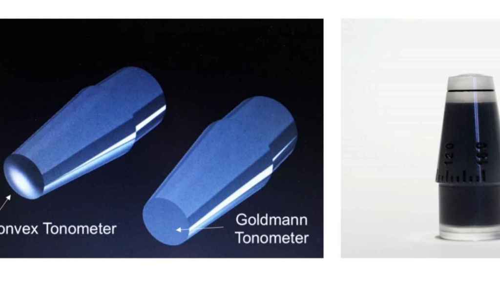El nuevo tonómetro para personas con miopía (i), comparado con uno convencional (c) / GERMANES HOSPITALÀRIES