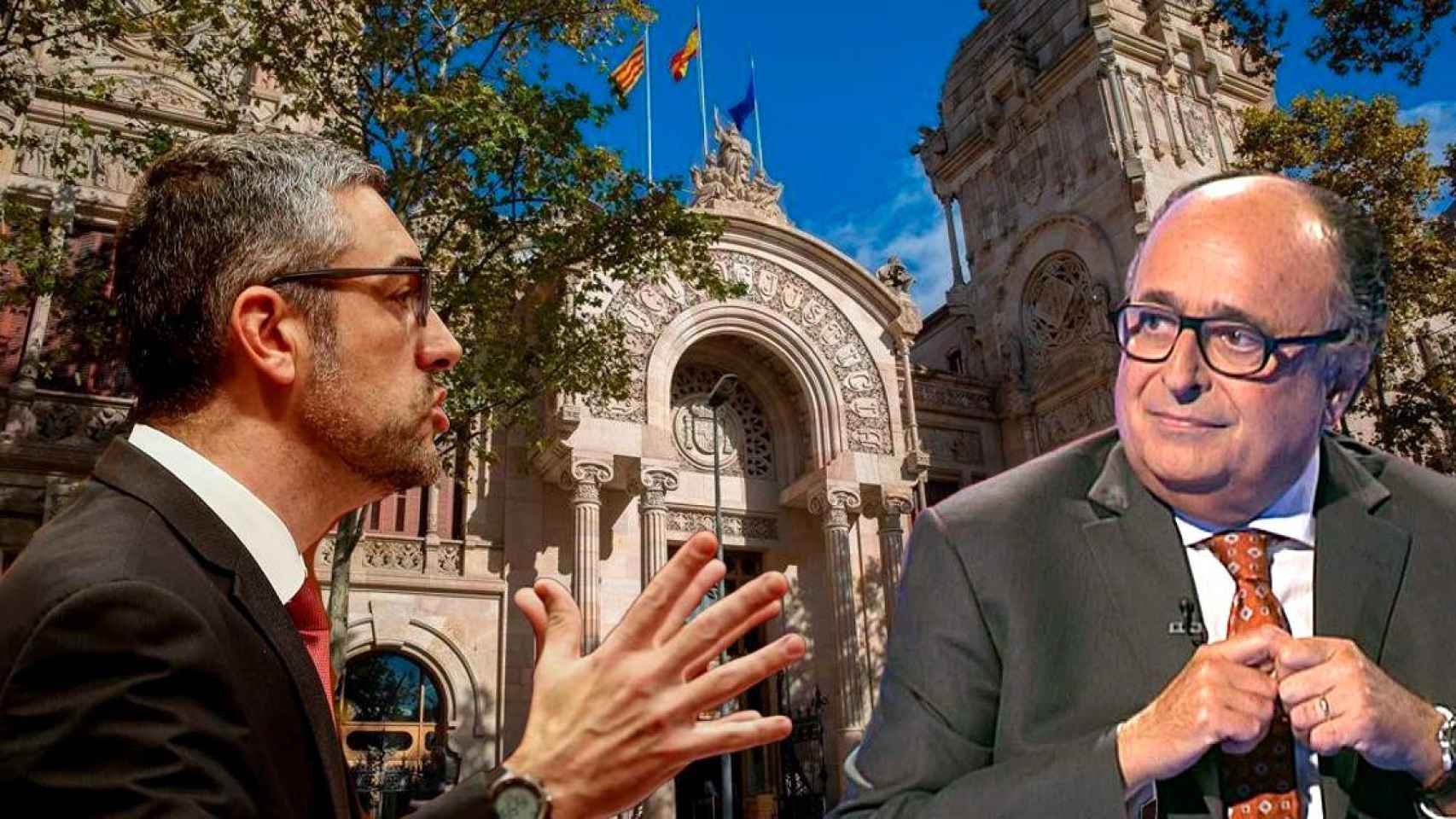 Bernat Soler, consejero de Acción Exterior, y el síndico mayor de la Sindicatura de Cuentas, Jaume Amat, con el TSJC de fondo / FOTOMONTAJE CG