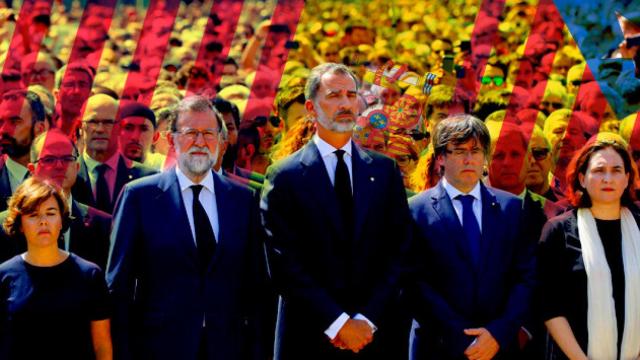 El rey Felipe VI, acompañado de Soraya Sáenz de Santamaría, Mariano Rajoy, Carles Puigdemont y Ada Colau, guarda un minuto de silencio en la plaza de Cataluña / FOTOMONTAJE DE CG