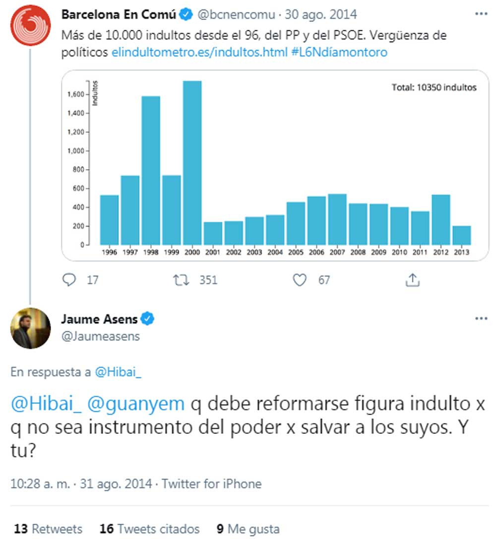 Barcelona en Comú y Jaume Asens, criticando los indultos en 2014 / TWITTER