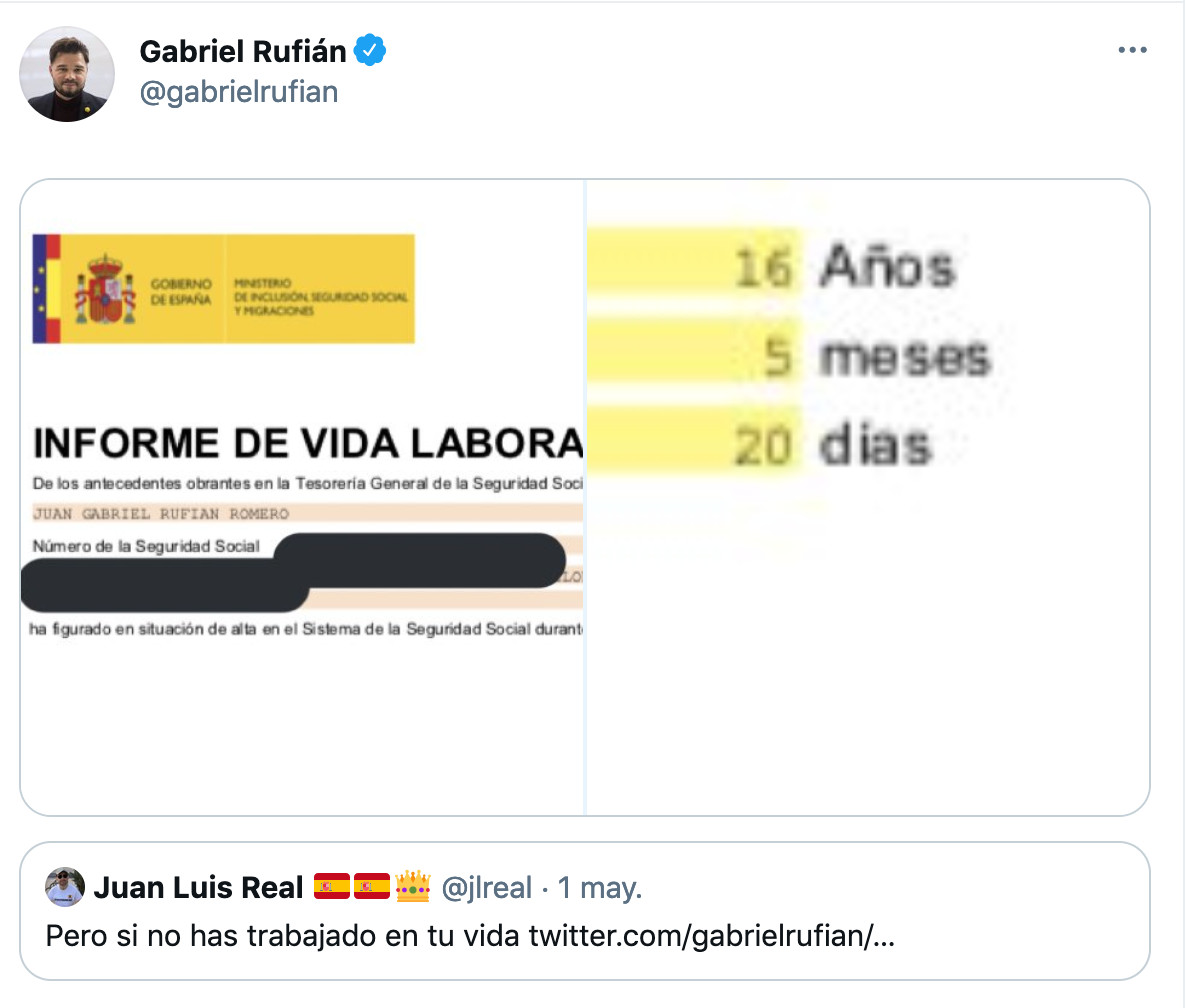 Rufián contesta a un internauta que le acusa de no haber trabajado en su vida / TWITTER