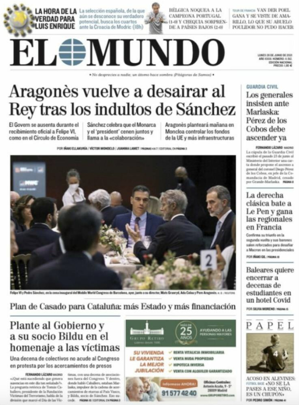 Portada de 'El Mundo' del 28 de junio de 2021 / KIOSKO.NET