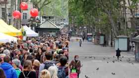 Fotomontaje de Las Ramblas de Barcelona, con el Sant Jordi de 2019 y el de este 2020 / EFE