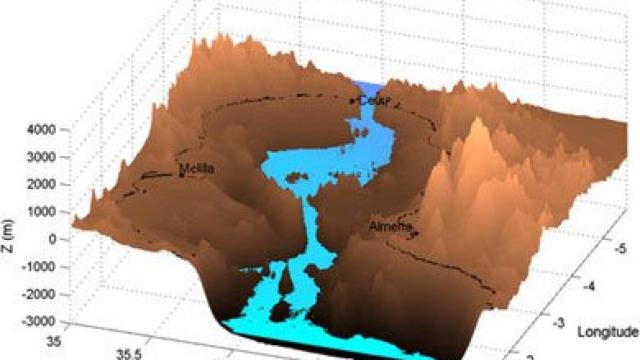 Vista tridimensional del mar de Alborán con el nivel del agua después de 15 días de inundación.