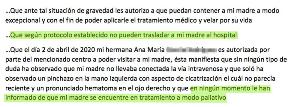 Extracto de la denuncia a Fiscalía por la muerte de D. en el Centro Sociosanitario de Viladecans / CG