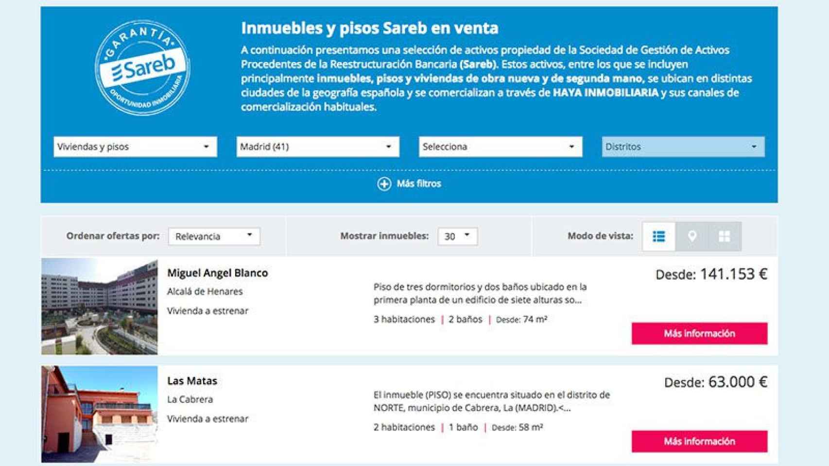 Web con ofertas de pisos de Sareb en Madrid.