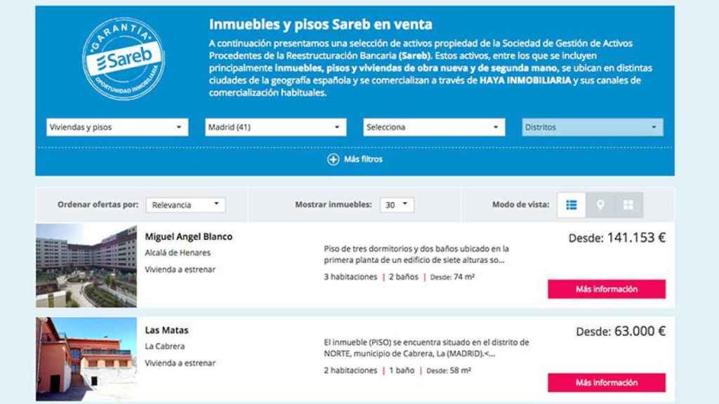 Web con ofertas de pisos de Sareb en Madrid.