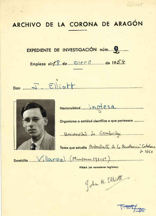 Ficha de investigador de John H. Elliott en el Archivo de la Corona de Aragón (1954)