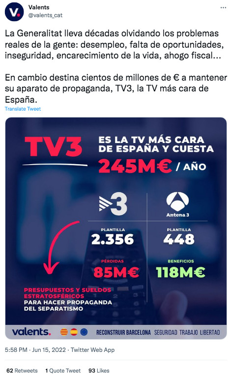 Tuit de Valents criticando a TV3 / TWITTER