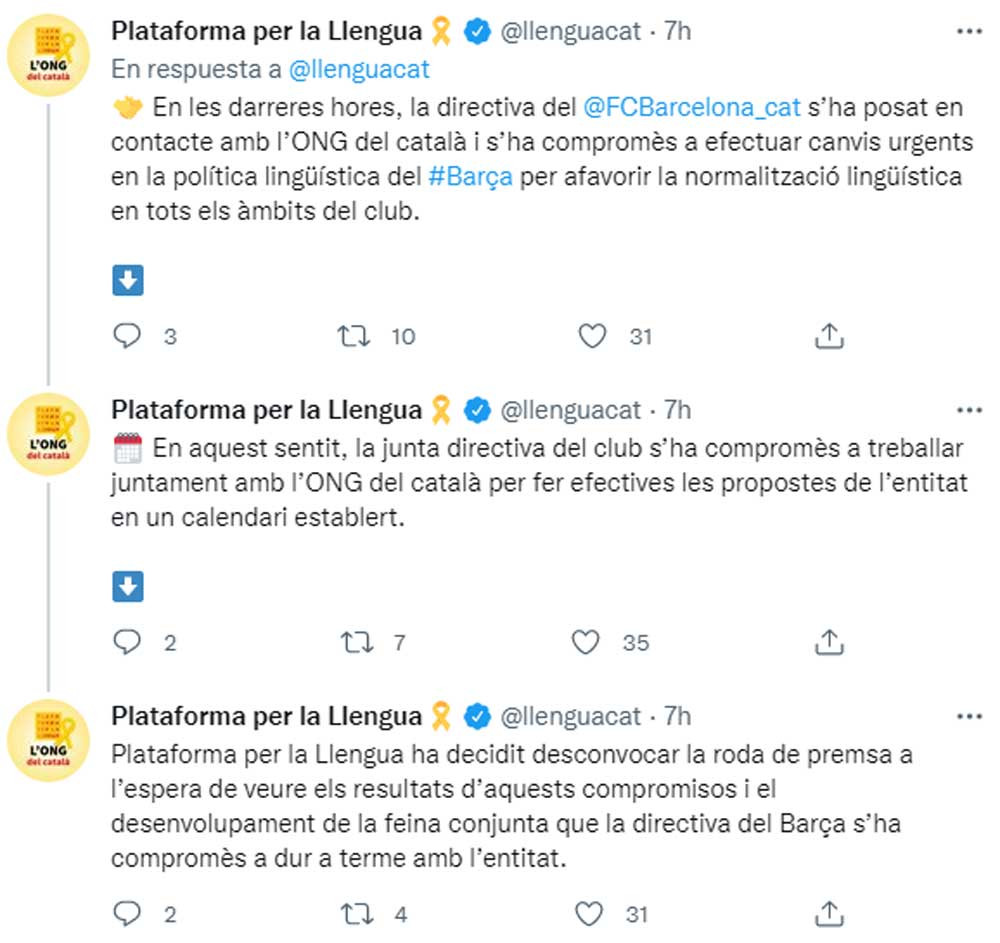 Plataforma per la Llengua, dando por hecho que el Barça acepta cumplir sus dictados