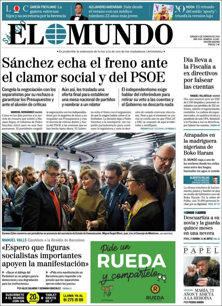 Portada de El Mundo de este sábado 9 de febrero