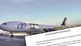 Una aeronave de Air Europa y el acta de desconvocatoria de la huelga de pilotos.