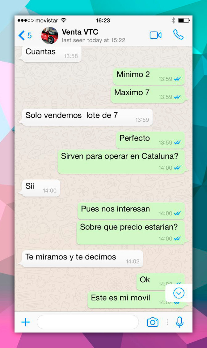 Conversación vía Whatsapp por la compra de una licencia VTC