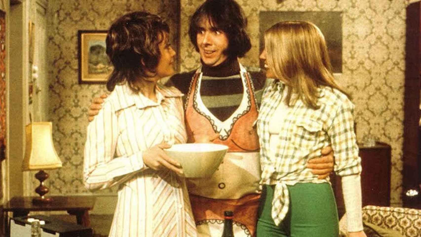 Los tres protagonistas de la serie, Paula Wilcox, Richard O'Sullivan y Sally Thomsett.