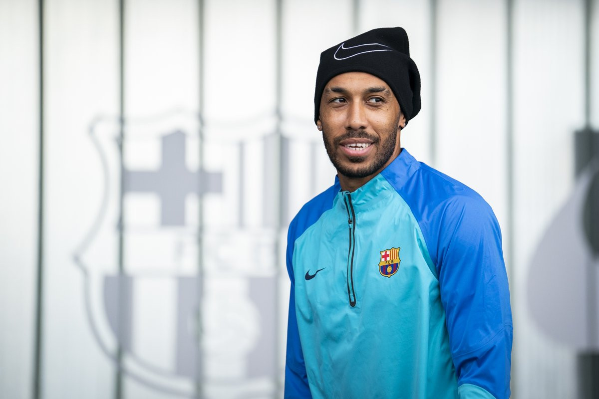 Pierre Emerick Aubameyang, durante un entrenamiento del Barça / FCB