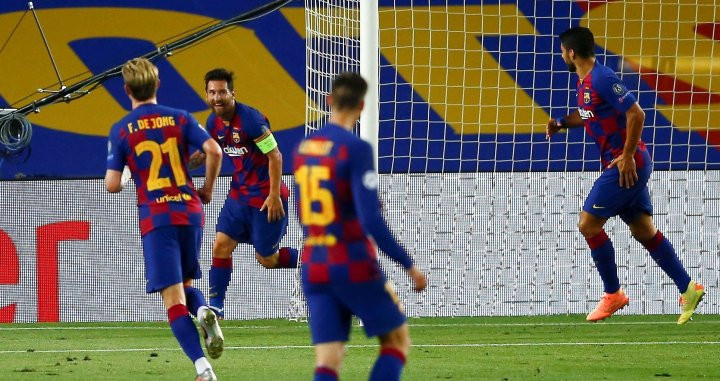 Los jugadores del Barça celebrando el gol de Leo Messi contra el Nápoles / EFE