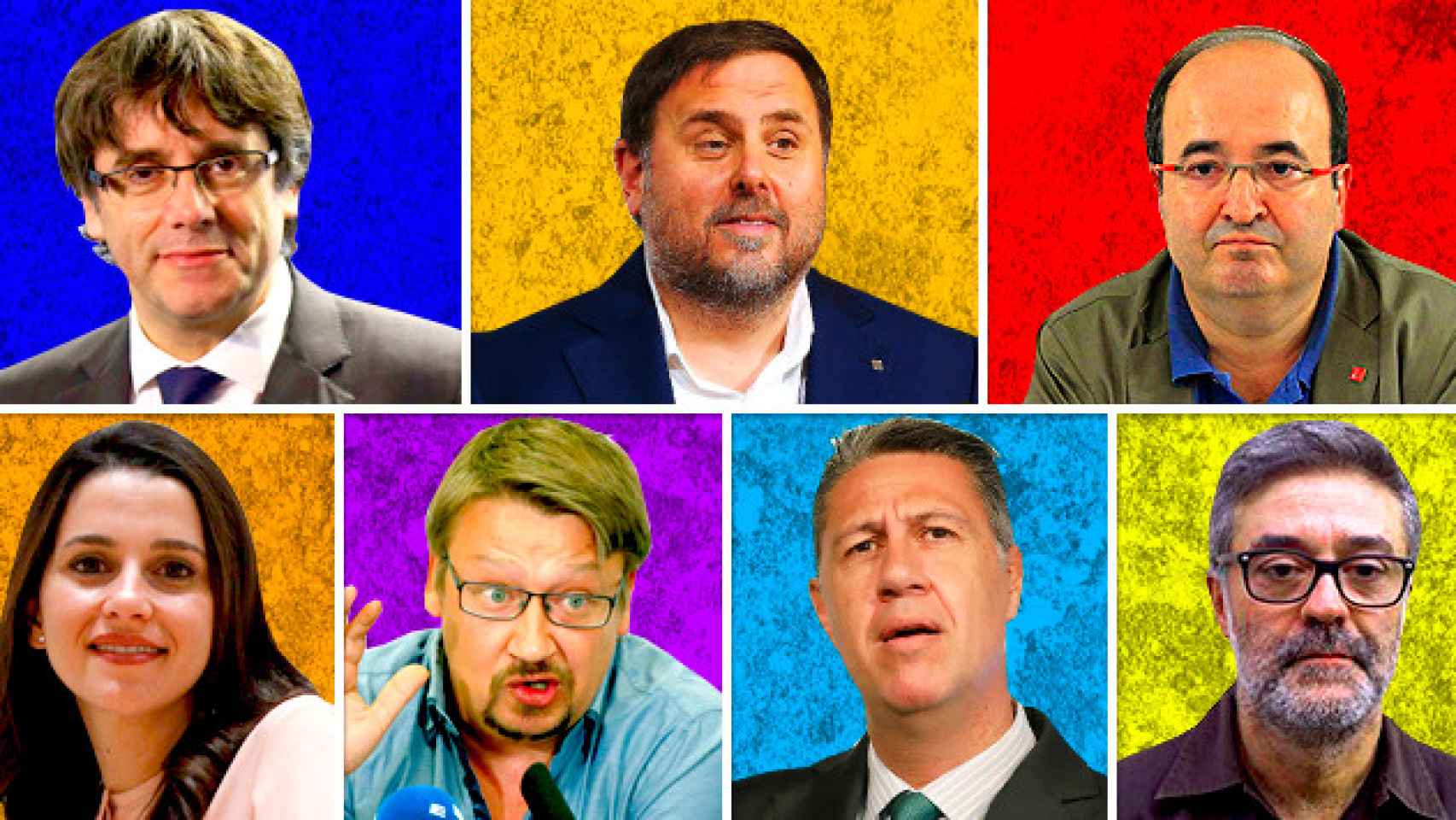 Los candidatos del 21D Carles Puigdemont (Junts per Catalunya), Oriol Junqueras (ERC), Miquel Iceta (PSC), Inés Arrimadas (C's), Xavier Domenech (Catalunya en Comú), Xavier Garcia Albiol (PPC) y Carles Riera (CUP) / FOTOMONTAJE DE CG